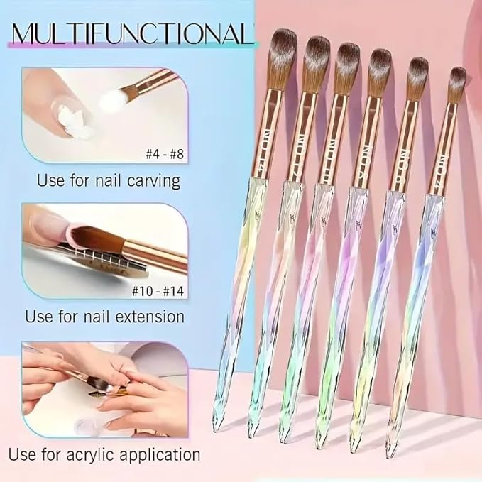 6PCS Acrylic Nail Brush Set,Size 4/6/8/10/12/14 Professional Nail Brushes for Acrylic Application Extension and 3D Carving for Nail Home Salon DIY