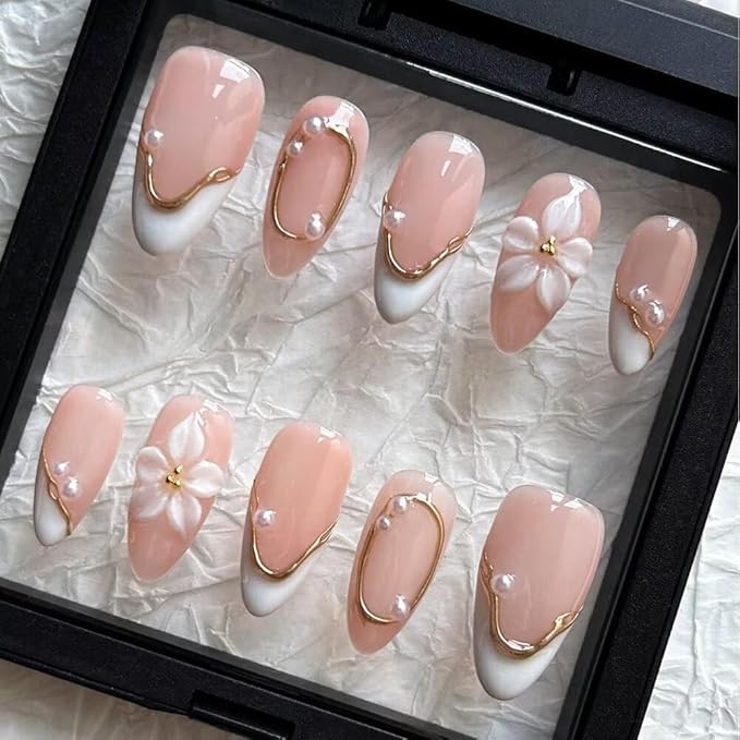 Spring Press On Nails MAGLFELL Handmade Almond Fake Nails, 3D Carving Floral and Pearl Design,10 Pcs Reusable ABS Material Acrylic Fingernail Tip Salon Artificial Nails Kit (Size L)