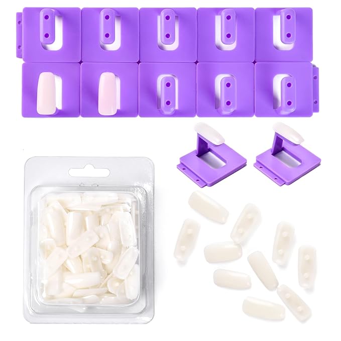10PCS Plastic Nail Display Stands with Holes Nail Training Frame with 110Pcs Practice Nail Tips, Spliced Stand for Gel Nail Polish DIY Nail Practice Display Tool, Purple