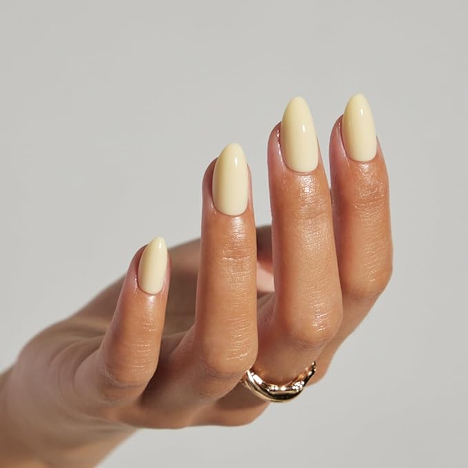 LAMIMOSA 32Pcs Solid Press On Nails Short Almond – Soft Gel Fake Nails in 16 Sizes, Butter Yellow Glue on Nail kit, BUTTERCUP