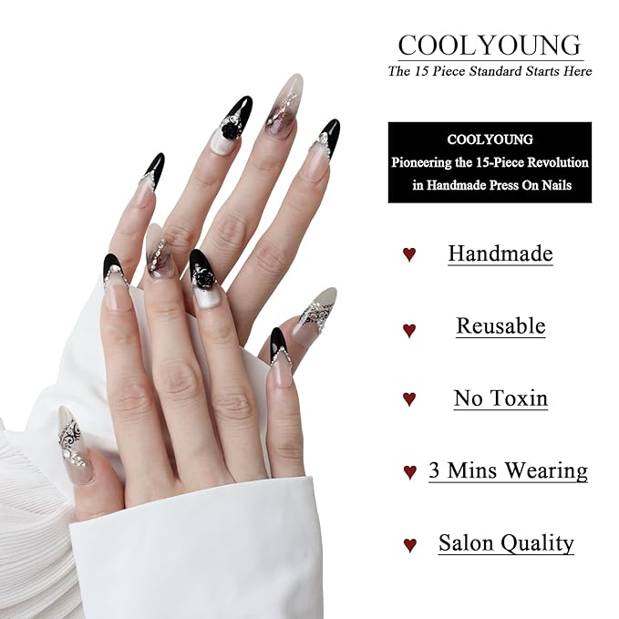 Handmade Press On Nails Medium Almond Press On Nails Women Gifts Black Acrylic Nails French Press On Nails with Fake Nails, 15 PCS, Size M