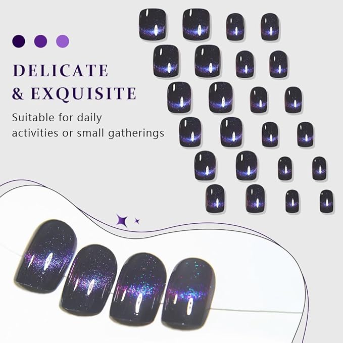 evpct Dark Blue Cat Eye Extra Short Press on Nails Square, Petite Short Square Stick on Nails for Women Gift, Smile Purple Metallic Glitter Glossy Reusable Gel Press on Acrylic Fake Nail with Designs