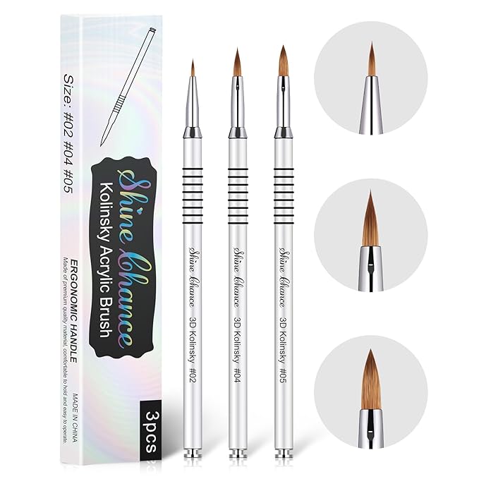 3Pcs 3D Nail Brushes Set Size 2 4 5, Kolinsky Hair Acrylic Flower Nail Art Brush, Art Design & Polish Mistake Cleaning Manicure Tools for Women Acrylic Application, Silver