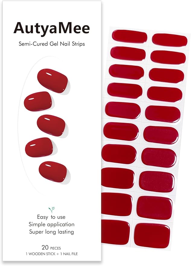 Semi Cured Gel Nail Strips (Ruby Red), 20 Pcs Gel Nail Wraps, Stickers, UV Light Required, Salon Quality, Long Lasting