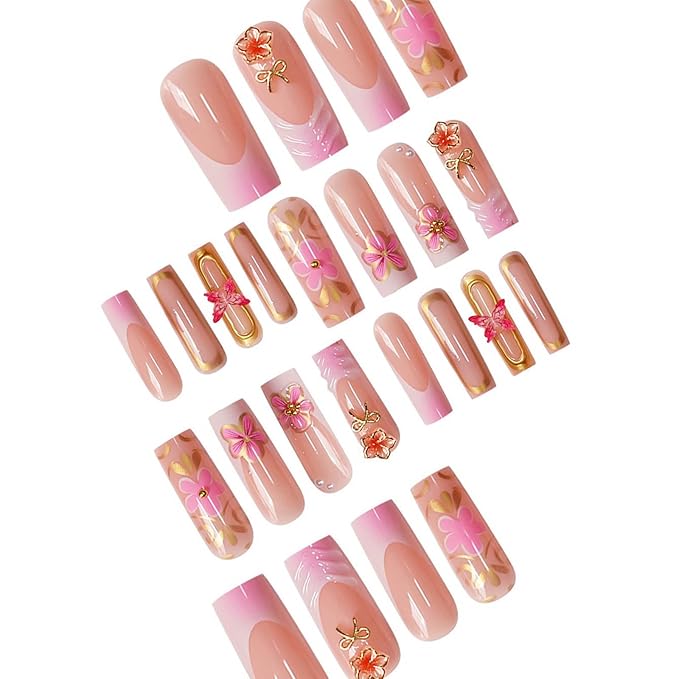 Long Square Press on Nails White French Tip Fake Nails Pink Gradient Glue on Nail with Golden Glitter Swirl 3D Flower Design Acrylic Nail 24Pcs Glossy Stick on False Nails for Women