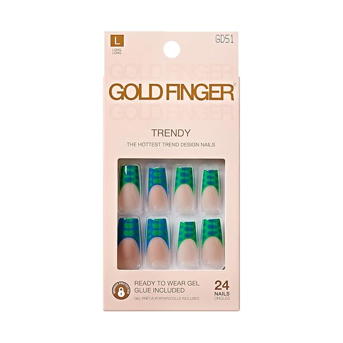 GoldFinger 24 Pcs Press On Nails, Long Square Fake Nails, Blooming French Tip Gel Stick On Extensions, Reusable Full Cover False Nail Kit with Glue, Manicure Stick & File, 7 Day Long Lasting Wear