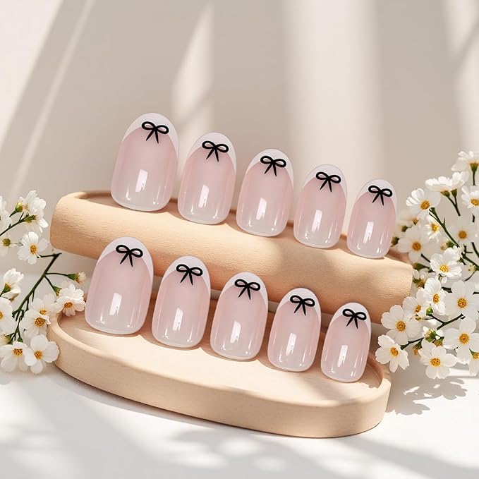 White French Tip Press On Nails Almond Short Fake Nails with Black Bow Design False Nails Valentines Day Bow Full Cover Acrylic Artificial Nails Press Ons Stick On Nail for Women DIY Manicure 24PCS