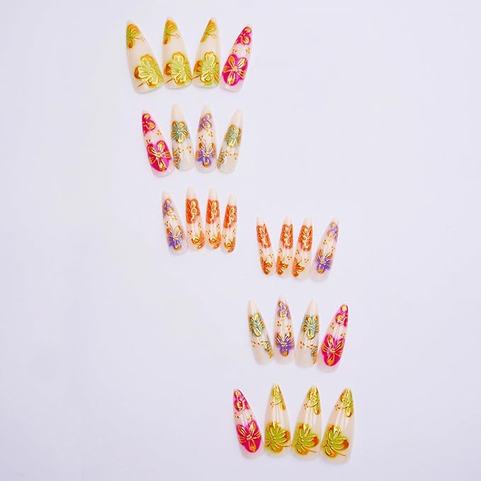 MISUD Press on Nails - Long Stiletto Fake Nails with Gold Chrome, Acrylic Colorful Flower Design 24 pcs