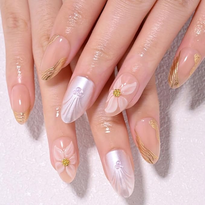3D Pink Flowers Press on Nails Short Almond, Acrylic Fake Nails with 3D Gold Line White Pearls Floral Design, Reusable Glue-On Stick for Flower Fashion Nails for Women