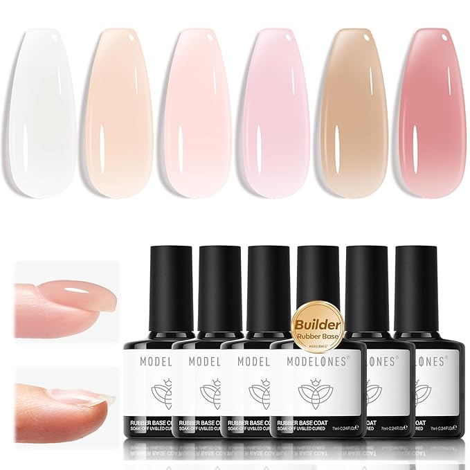 modelones Rubber Base Builder Nail Gel Polish, 6 French Tip Base Color Nude White Baby Milky Pink Strengthener Apex Building Extension Protect Weak Nails Long Last U V Manicure Gift for Women