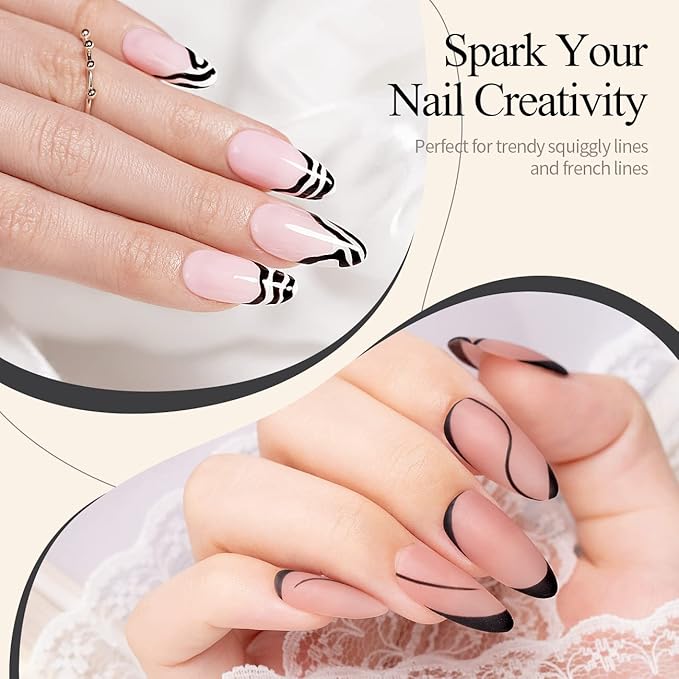 RARJSM Liner Nail Art Gel Polish,Black Painted Gel Nail Design Polish 1 Bottle Soak off Curing Requires 8ml Build in Thin Brush for Classical Home Salon Diy Nail French Manicure Painting