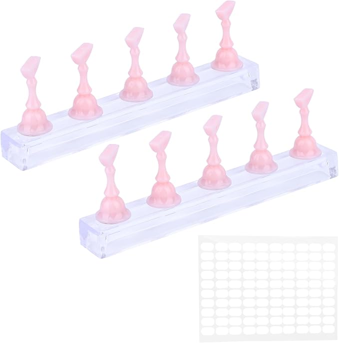 2 Set Nail Holder for Painting Nails, Acrylic Magnetic Base Fake Nail Practice Display Stand for Press on with 100pcs Double-Sided Adhesive Tape Salon Manicure Training Tools Supplies Accessories