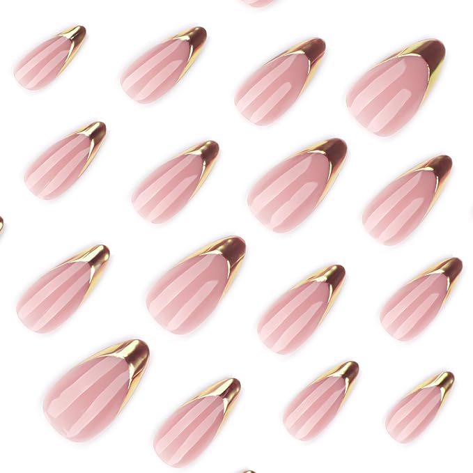 French Almond Press On Nalis Medium, Nude Fake Nails with Elegant Gold-Edged French Tip Design, Glossy Gel Finish Acrylic Nails, Reusable Glue On Nails for Women, Natural Stick On Nails Kit