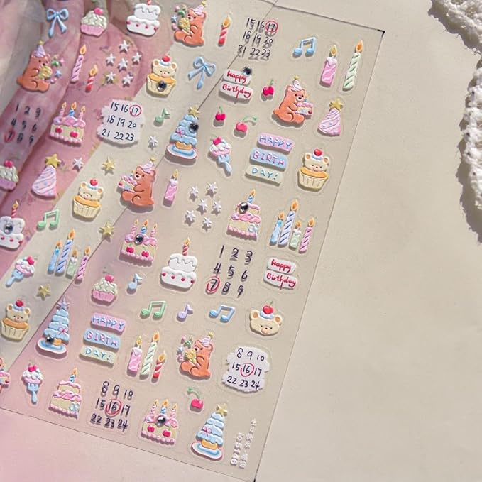 Cartoon Nail Stickers 3D Self-Adhesive Kawaii Animal Nail Supplies Yellow Bear Nail Decals 5D Embossed Cute Birthday Candle Cake Nails Designs for Women DIY Manicure 1 Sheet
