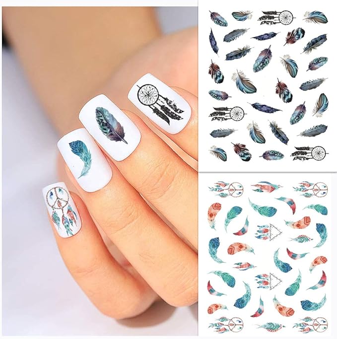 WOKOTO 44 Sheets Feather Nail Art Stickers - 3D Nail Decals with Flowers, Animals - Self-Adhesive Flower Nail Stickers for Women & Girls Acrylic Nails