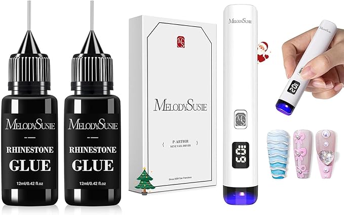 MelodySusie Handheld UV Light for Gel Nails & Gel Nail Glue for Rhinestones & 3D Design - Strong Adhesive (2 * 0.42 Fl Oz)