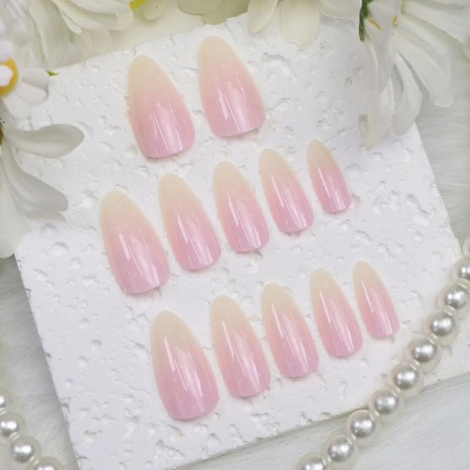 Press on Nails Almond Medium Light Yellow Pink Gradient Fake Nails with Dots Designs Glossy Nails Press ons Acrylic Nail Cute Winter Stick on Nail for Women 24 Pcs
