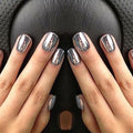 Silver Press on Nails Short Square Fake Nails Metal Chrome False Nails Press ons Glossy Silver Mirror Acrylic Nails Full Cover Holographic Metal Chrome Glue Stick on Nail for Women Manicure 24pcs