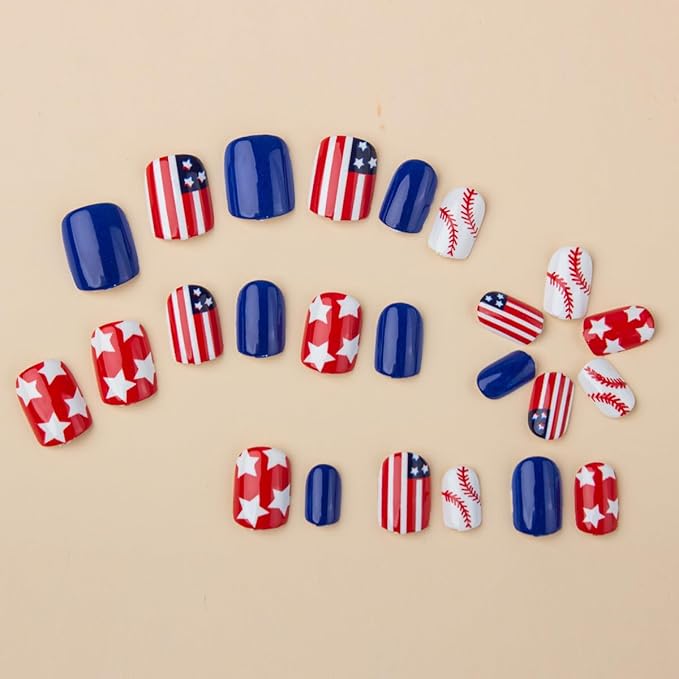 24Pcs Independence Day Press on Nails Short Square Fake Nails with Baseball Designs Patriotic Glossy False Nail for Women Stripe Acrylic Stick on Nails Cute Glue on Nail for 4th of July