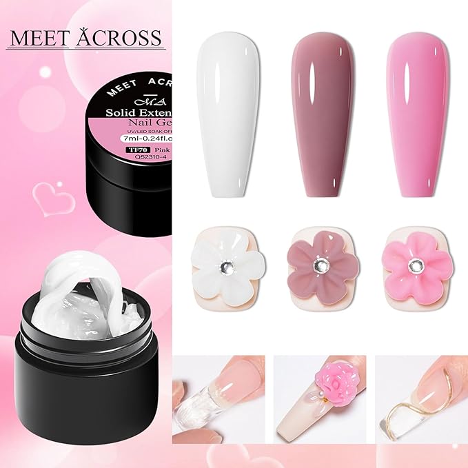 MEET ACROSS Solid Builder Nail Gel Solid Builder Gel for Nails White Pink Dirty Pink Non-Stick Hand Sculpture Hard Art Gift 7Pcs