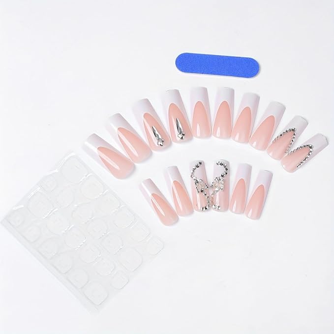 Long Square Press on Nails Fake Nails Artificial Nail Stick on Nail for Women, Elegant White French Tip with 3D Flowers, Crystal Chains and Rhinestone Decor, Long Square Fake Nail Set 24pcs