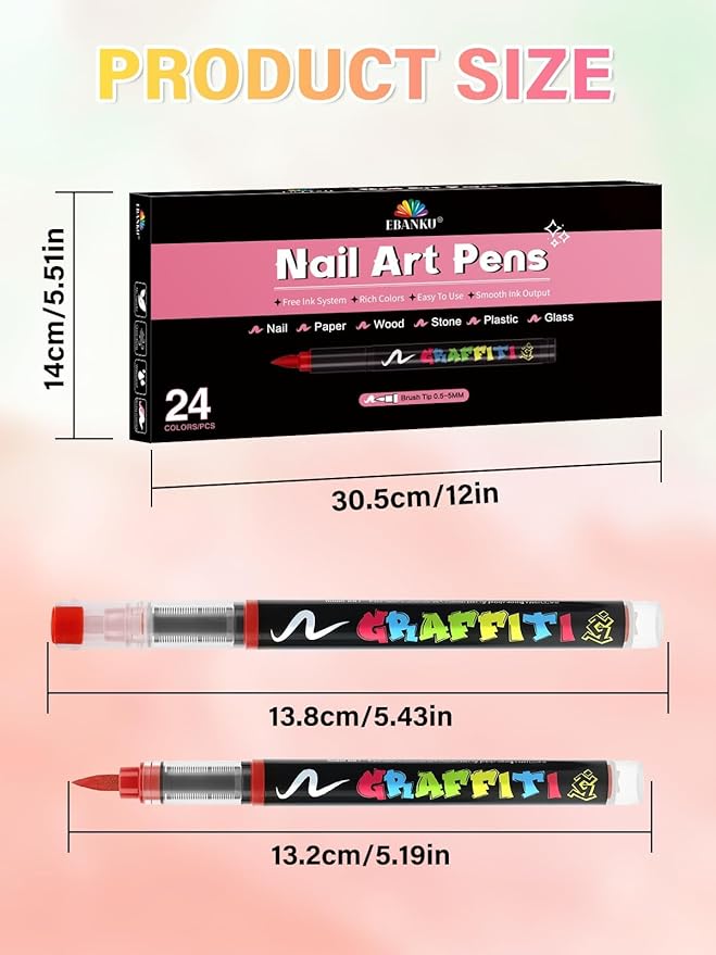 EBANKU 24 Colors Nail Art Pens Quick Drying, 3D Soft-Tip Nail Polish Pens Acrylic Paint Nail Pens for Nail Art Color-fast Nail Point Dotting Liner Pen Sets for Home & Salon Nail DIY Art Design Tools