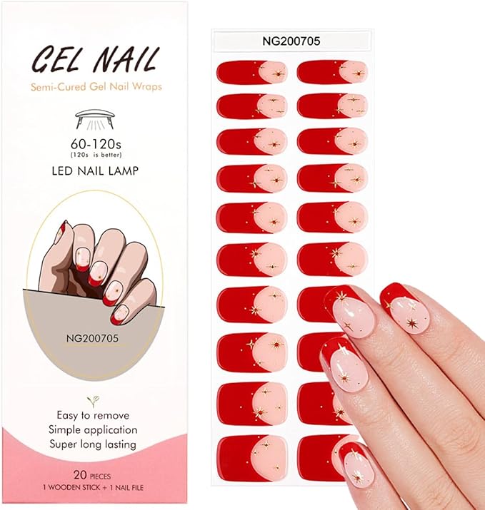 Semi Cured Gel Nail Strips - 20Pcs Red French Tip UV Gel Nail Wraps with Gold Star Design, Long Lasting Salon-Quality Stickers, Includes Nails File & Wooden Stick - UV/LED Lamp Required