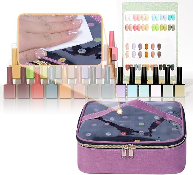 Small Clear Nail Polish Case Holds 30 bottles(15ml-0.5fl.oz) Nail Polish Organizer Multifunctional Nail Polish Bag organizer, Cosmetic Travel Makeup Cases for Women, Purple