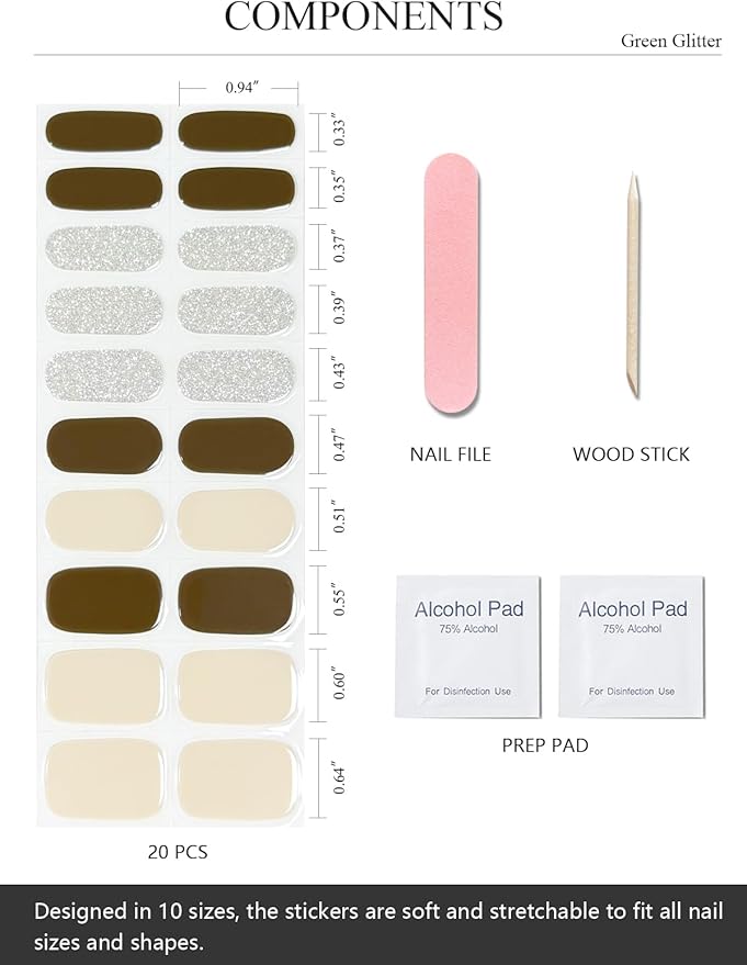 Semi Cured Gel Nail Strips (Green Glitter), 20 Pcs Gel Nail Wraps, Stickers, Salon Quality, Long Lasting, Works With Any UV Lamps