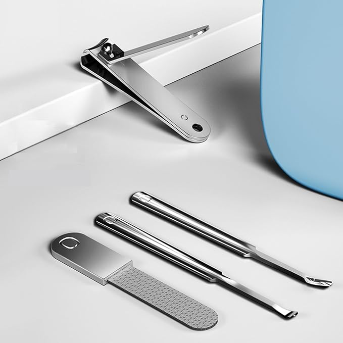 4-in-1 Nail Care Set with Storage Case - Stainless Steel Nail Clippers, Cuticle Fork, Ear Pick, and Nail File - Travel Nail Cutter Kit for Men and Women - Pink