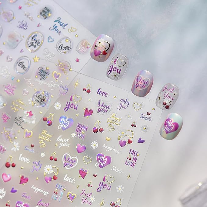 5D Embossed Valentines Day Nail Stickers Self-Adhesive Letter Nail Art Stickers Gold Purple Pink Retro Alphabet Cherry Love Designs Cute Nails Art Supplies Heart Nail Decals for Women Manicure DIY