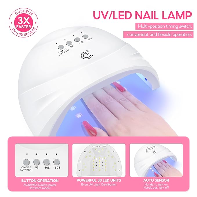 COSCELIA 60PC Gel Nail Polish Kit with U V light 55 Colors Gel Nail Polish Set 5PC Top Base Coat Glitter Rhinestones All Seasons French Manicure Starter Kit at Home Valentines Gifts for Women Girls