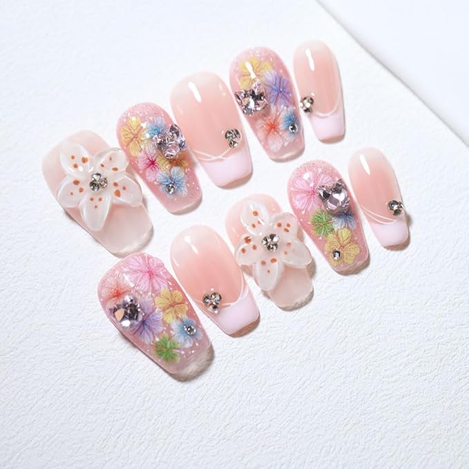 3D Flower & Glitter Accents Rhinestones Nail Decoration Nail Art Design For Holiday 10pcs Short Square Nail Tips False Nails 100% Handmade Press On Nails For Women and Girls (Pink Flower（S）, S)
