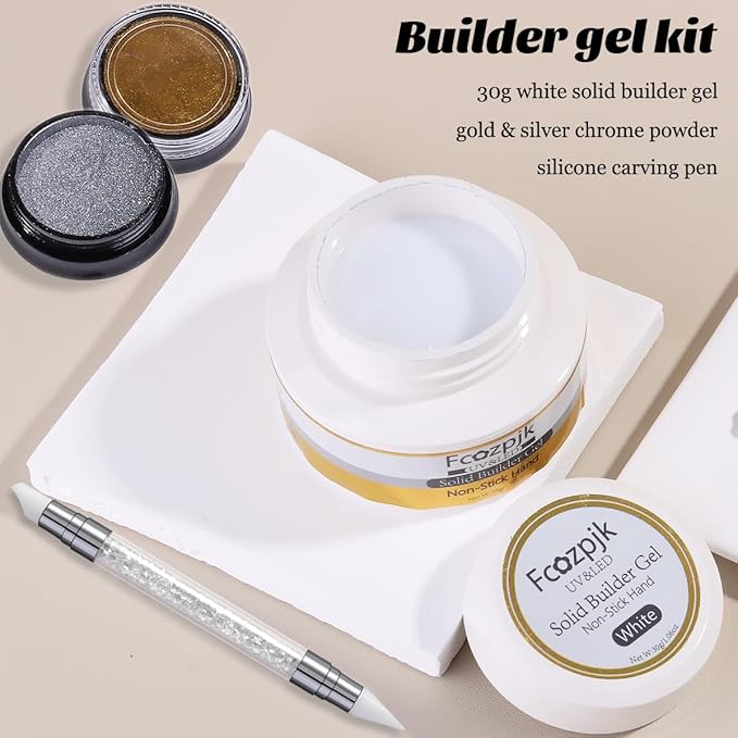 White 3D Sculpting Gel for Nails, 30g Solid Builder Nail Gel with Silicone Carving Pen Gold Silver Chrome Powder Non-sticky Hand Hard Gels Sculpture Modeling Design DIY Home Manicure Salon