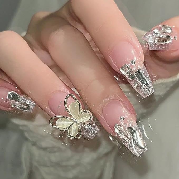 Press-On Nails, Medium Length Translucent False Nails with Diamonds, Inlaid with Butterfly and Diamonds, Suitable for Individuality Exquisite Girls and Women False Nails 24pcs (With Tool Kit)