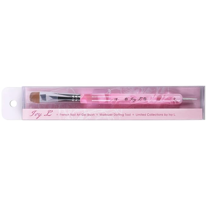 Ivy L Premium 2 Way French Gel Acrylic Nail Art Kolinsky Brush with Dotting Tool for Professional Manicure Cuticle Clean up Nail Art Design (Size # 18, Pink Marble)