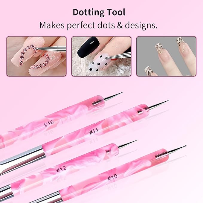4Pcs French Tip Brush, Double-Ended French Brush for Nails with Dotting Tool, Clean Up Brushes for Gel Nail Polish, Size 10/12/14/16, Acrylic Nail Art Brushes, Manicure Tools for DIY Nail Design-Pink