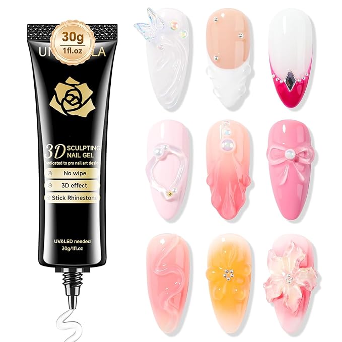 UNA GELLA 3D Gel Nail Art 30g, 4 in 1 No Wipe Clear 3D Sculpting Gel Polish Nail Glue for Nails Tips, Chrome Nails Powder, Nails Charms and Painting Christmas Art Designs Lamp Curing Required