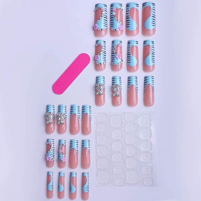 Long Square Press on Nails,Handmade Acrylic Press on Nails with Designs，Long Press on Nail for Women 24pcs