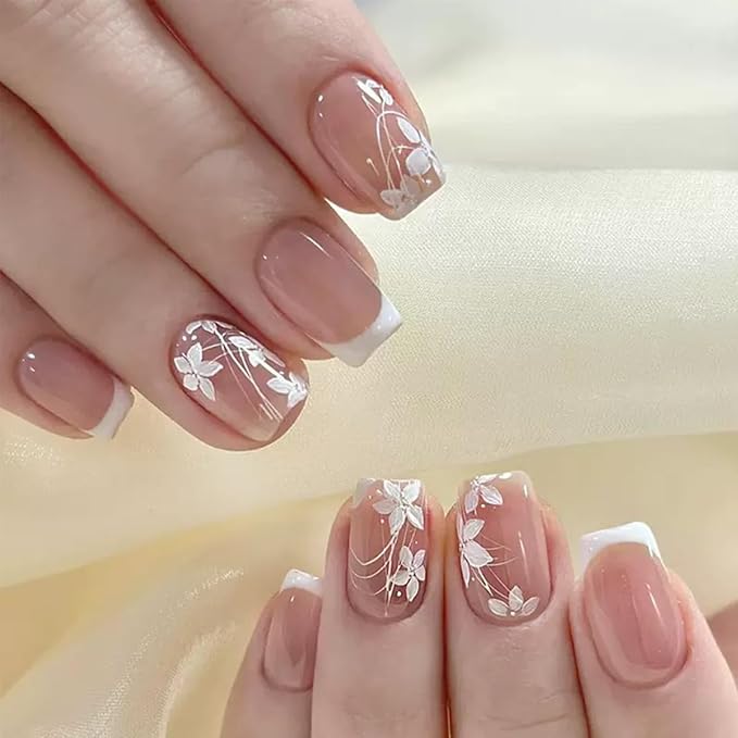 6 Packs (144 Pcs) Flower Press on Nails Short Square Fake Nails Floral False Nails with Designs Spring Summer Glue on Nails Full Cover Glossy Acrylic Stick on Nail for Women Girls Manicure