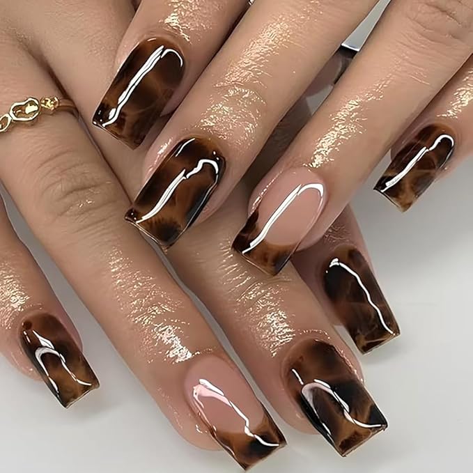 Brown Press on Nails Square Medium Fake Nails Leopard French Tip False Nails Gradient Glue on Nail Reusable Fall Acrylic Nails Full Cover Stick on Nail for Women Manicure 24Pcs