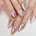 Pink Cat Eye Press on Nails Short Almond, Acrylic Fake Nails with 3D French Tip Gold Line Design, Reusable Glue-On Stick for Cute Pink Nails for Women