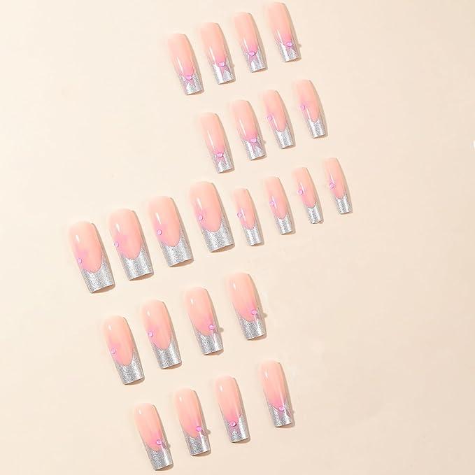 Y2K Press On Sliver French Tip Pink Full Cover Star False Nails with Designs Pearl Glitter Glossy Glue On Acrylic Manicure Artificial Nails for Women Girls
