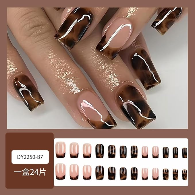 Brown Press on Nails Square Medium Fake Nails Leopard French Tip False Nails Gradient Glue on Nail Reusable Fall Acrylic Nails Full Cover Stick on Nail for Women Manicure 24Pcs