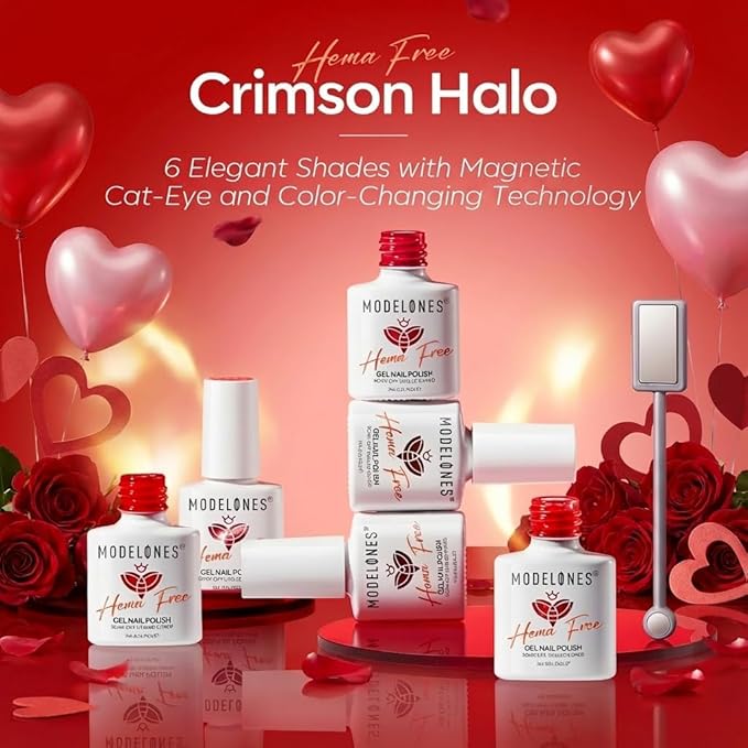 modelones Red Gel Nail Polish Set 6 Colors Burgundy Cherry Dark Red Cat Eye Glitter Color Changing 2026 Spring Hema&TPO Free Gel Polish Kit with Magnet Soak Off Nail Art DIY Gifts