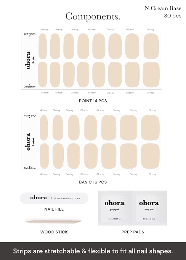 ohora Semi Cured Gel Nail Strips (N Cream Base) - Nude, Solid, Works with Any UV/LED Lamps, Salon-Quality, Long Lasting, Easy to Apply & Remove - Includes 2 Prep Pads, Nail File & Wooden Stick