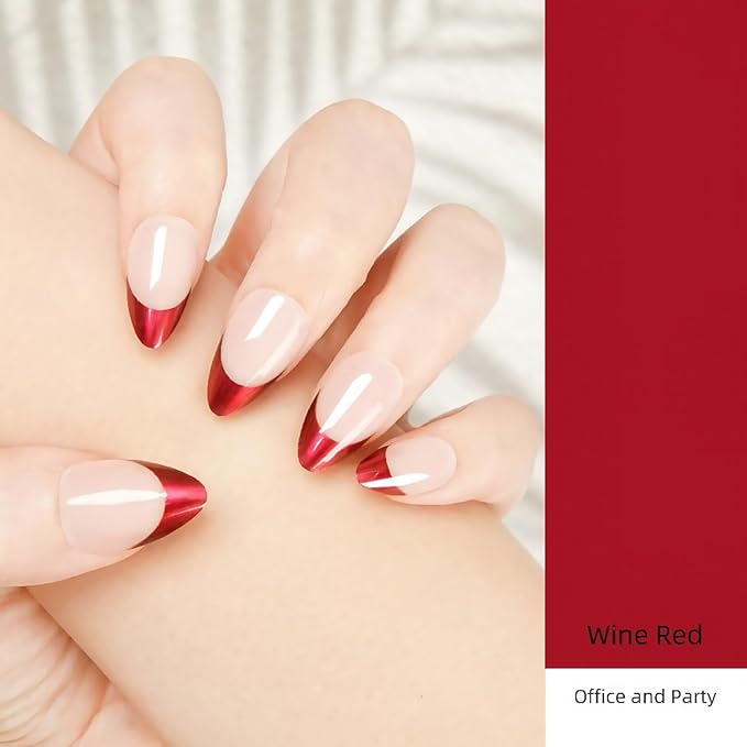 Press On Nails, Stiletto Shape, Nude & Red Metallic French Tip, Reusable Fake Nails Set