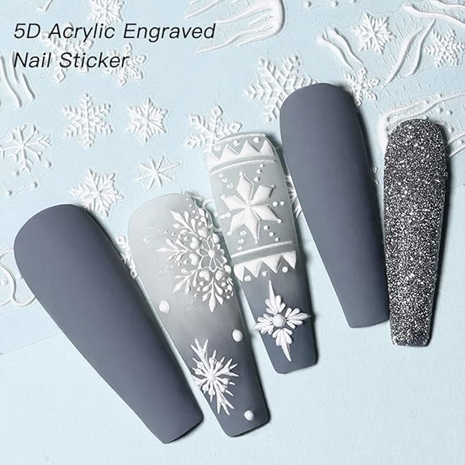 CHARMARK Snowflake Nail Art Stickers, 5D Embossed, Christmas, White, 4 Sheets (Snowflakes A)