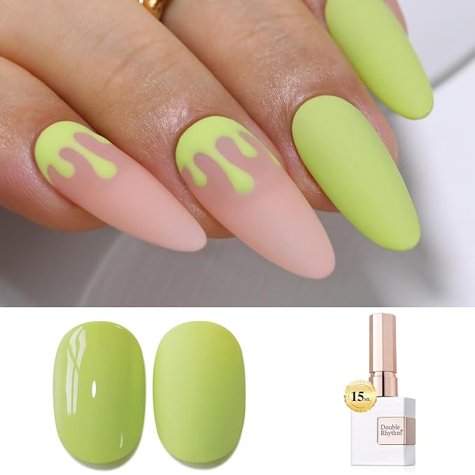 Double Rhythm Gel Polish 15ML Jelly Sheer Pastel Light Milky Color Pearl White Bottle 1 PC 0.5 OZ Full Size Nail Art Salon at Home (Green-D1410)