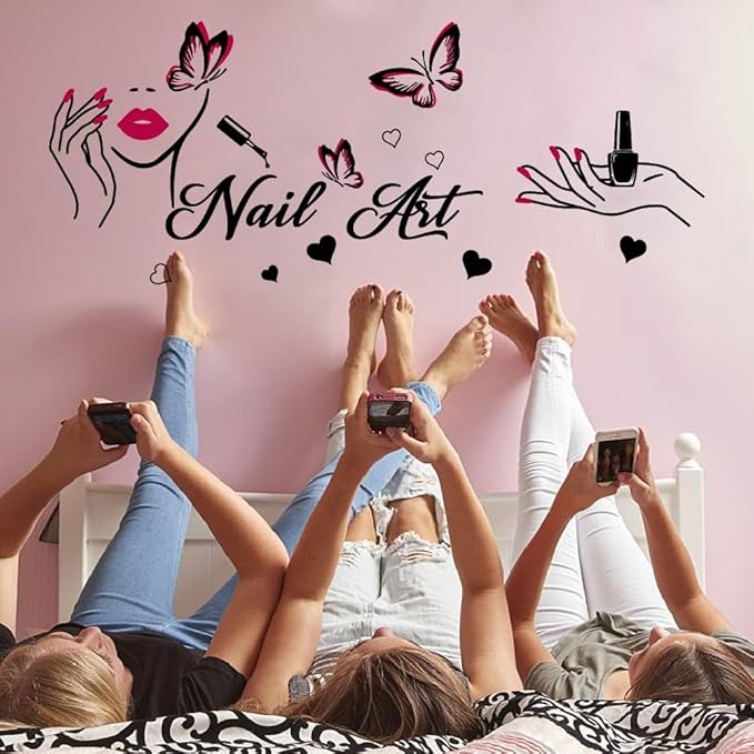 SUPERDANT Nail Art Wall Decor Nails Theme Wall Stickers with Butterfly Decals Nail Salon Stickers for Walls Vinyl Art Decor Gift for Girl Woman Bedroom Dressing Room Decoration